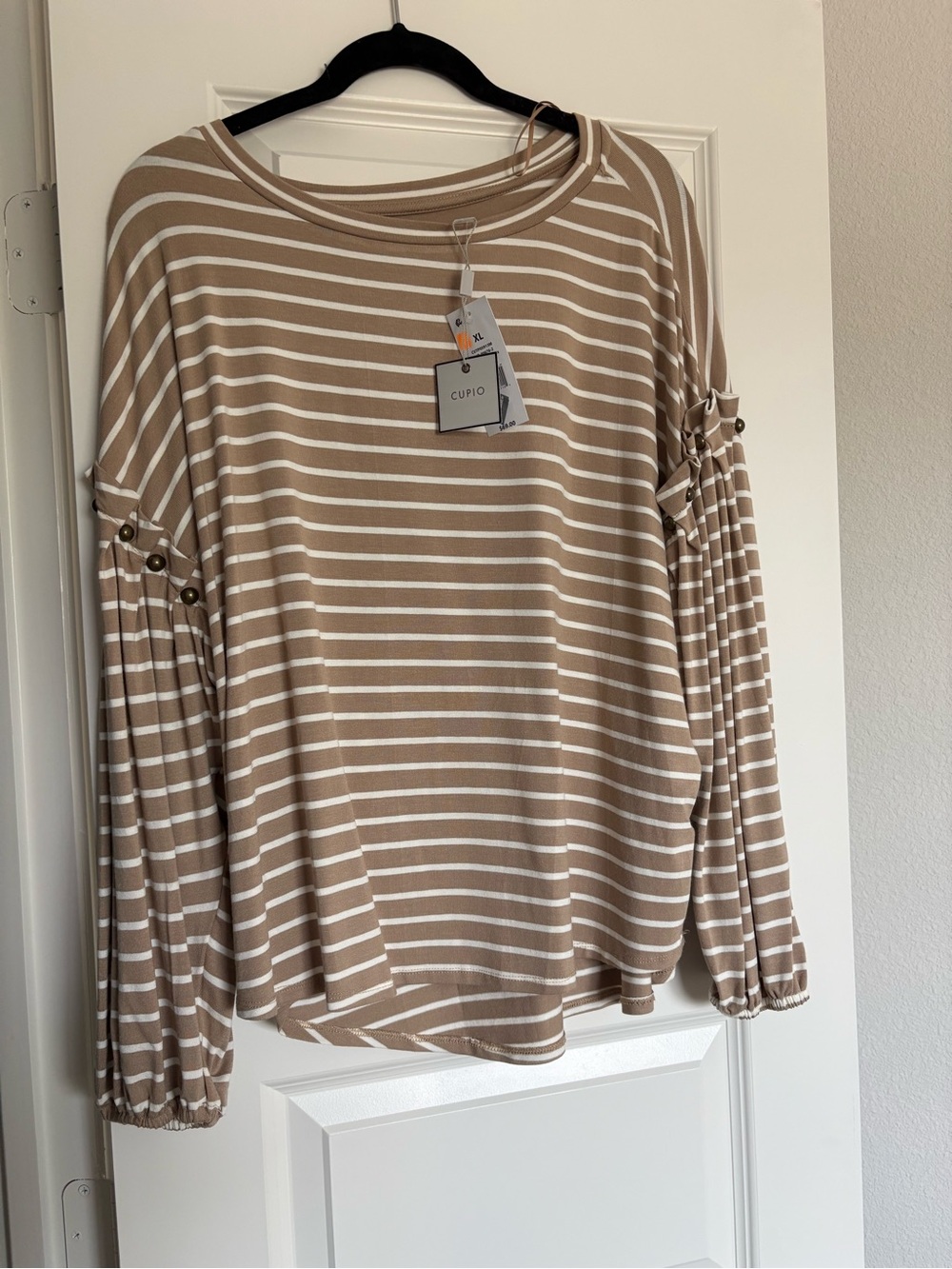Cupio Taupe and White Striped Long-Sleeve Button-Accent Top